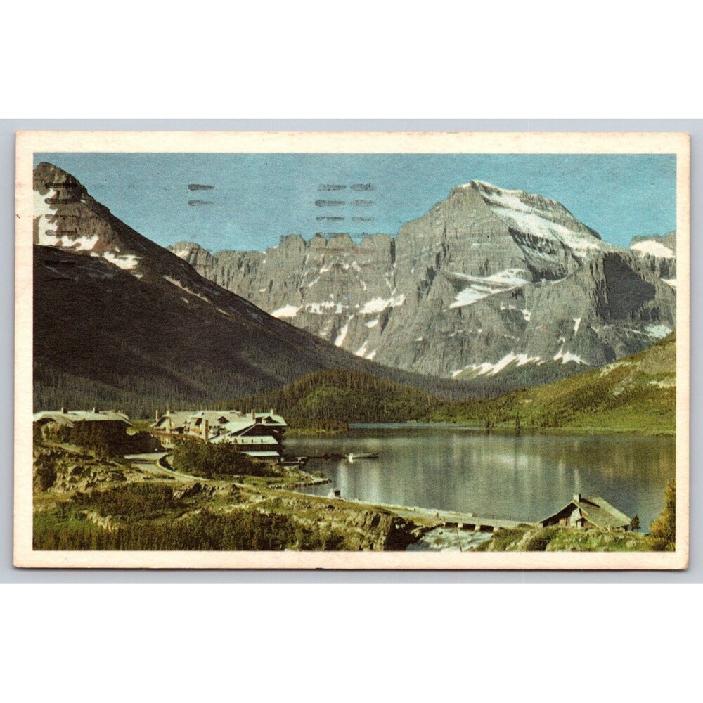 Vtg 1957 Many Glacier Hotel Postcard Swiftcurrent  Lake Glacier National Park